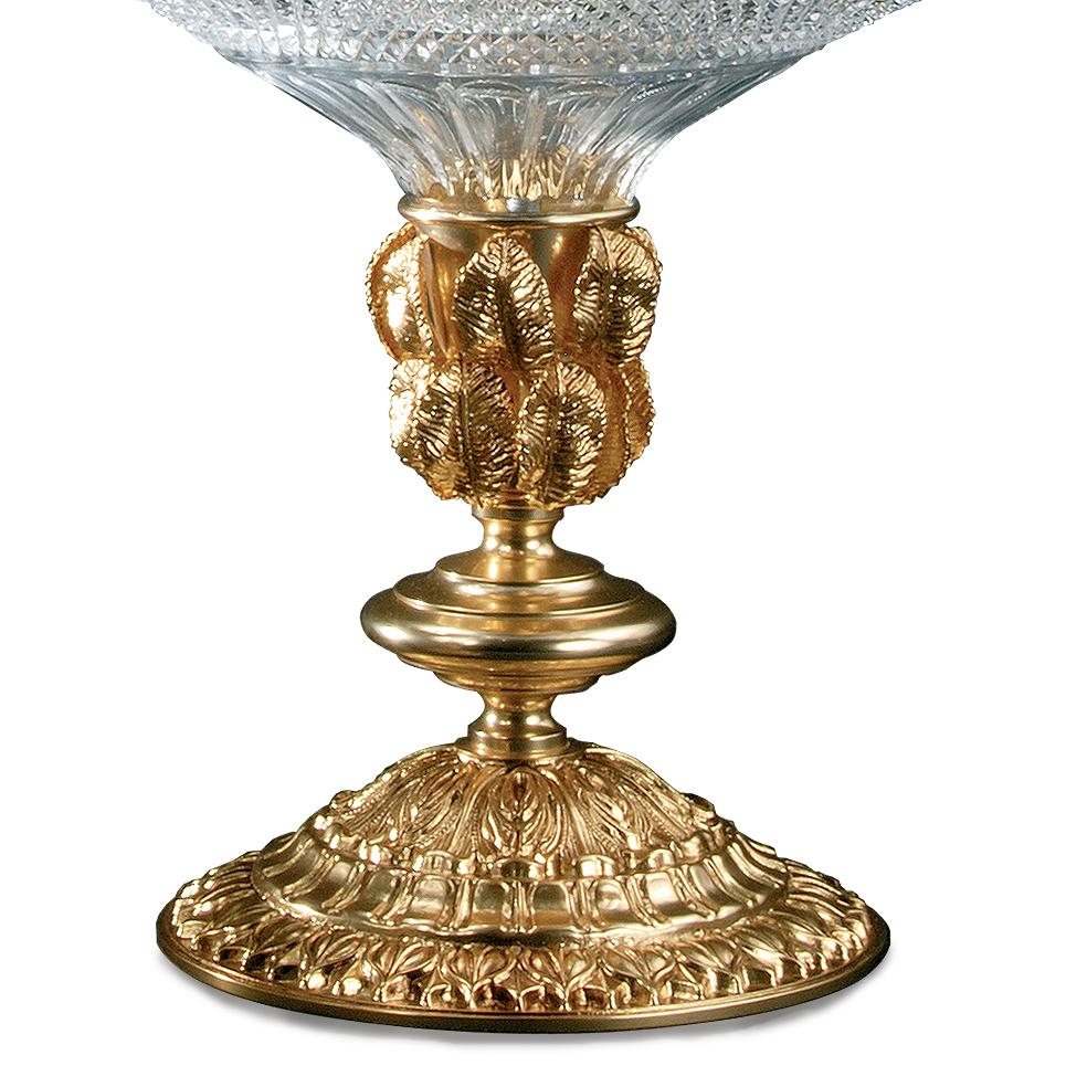 21st century hand carved clear crystal and golden bronze vase. This vase is finely chiseled lost wax castings and hand-grounded crystal. On request to customer can modificate the color of crystal: pink, amber, amethist etc... and we can change also