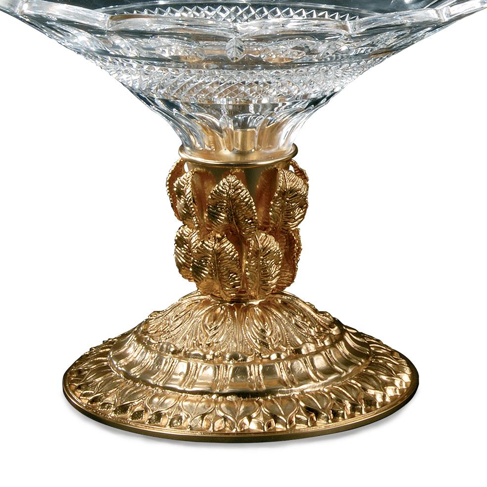 21st Century hand carved clear crystal and golden bronze vase. This vase is finely chiseled lost wax castings and hand-grounded crystal. On request to customer can modificate the color of crystal: pink, amber, amethist etc... and we can change also