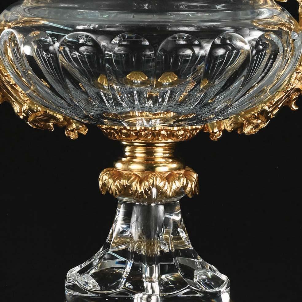 Italian 21st Century, Hand-Carved Clear Crystal and Golden Bronze Vase For Sale