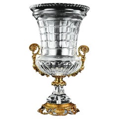21st Century, Hand-Carved Clear Crystal and golden bronze vase