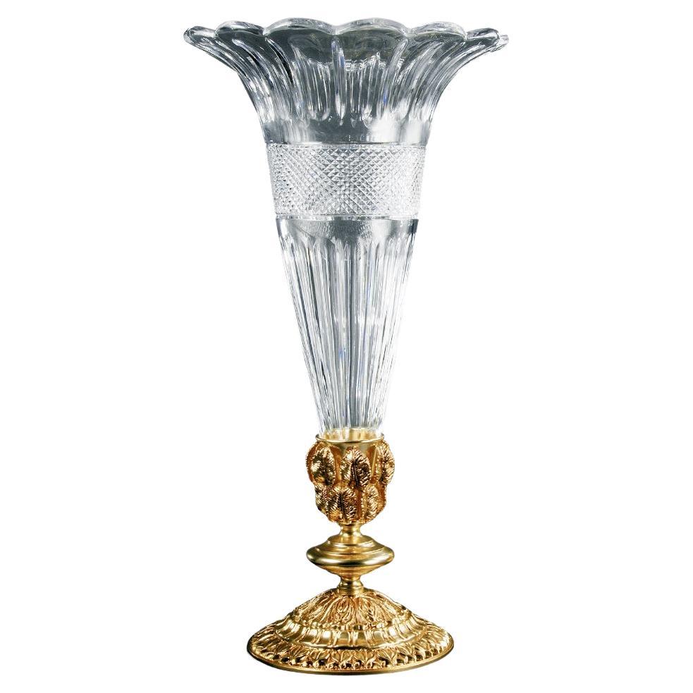 21st Century, Hand-Carved Clear Crystal and Golden Bronze Vase For Sale