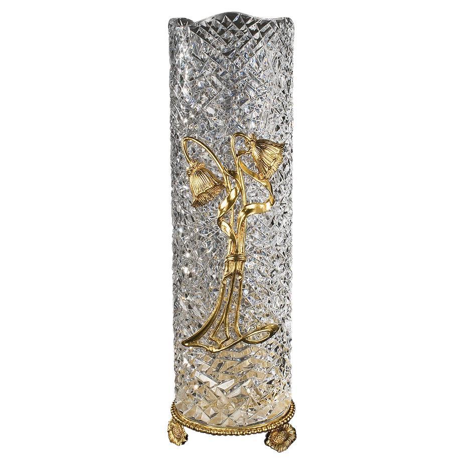 21st Century, Hand Carved Clear Crystal and Golden Bronze Vase For Sale