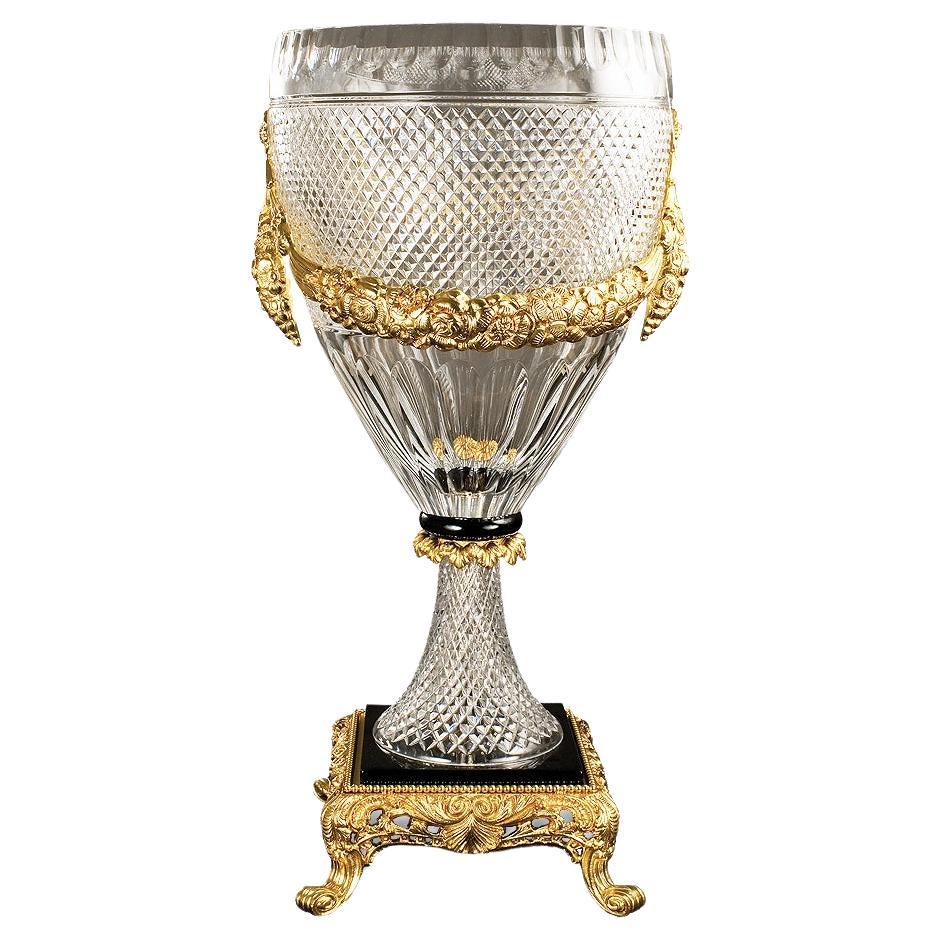 21st Century, Hand-Carved Clear Crystal and Golden Bronze Vase 