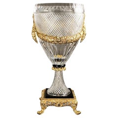 21st Century, Hand-Carved Clear Crystal and Golden Bronze Vase 