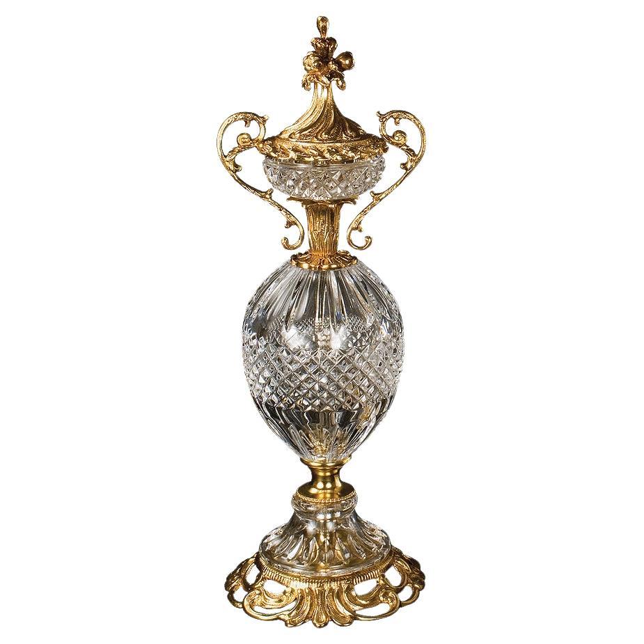 21st Century, Hand-Carved Clear Crystal and Golden Bronze Vase For Sale