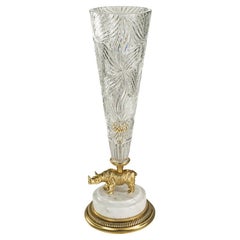 21st Century, Hand-Carved Clear Crystal and Golden Bronze Vase with Rhinoceros