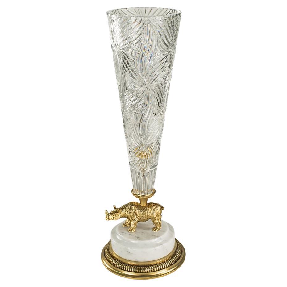 21st Century, Hand Carved Clear Crystal and Golden Bronze Vase with Rhinoceros