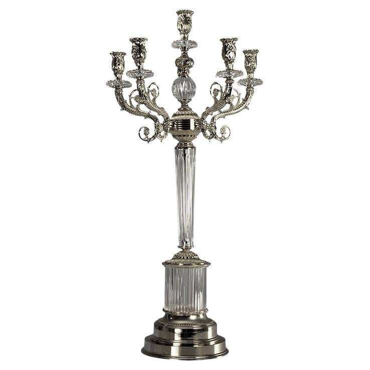 21st Century, Hand Carved Clear crystal and silver Bronze Candelabra