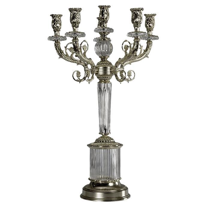 21st Century, Hand Carved Clear crystal and Silver Bronze Candelabra