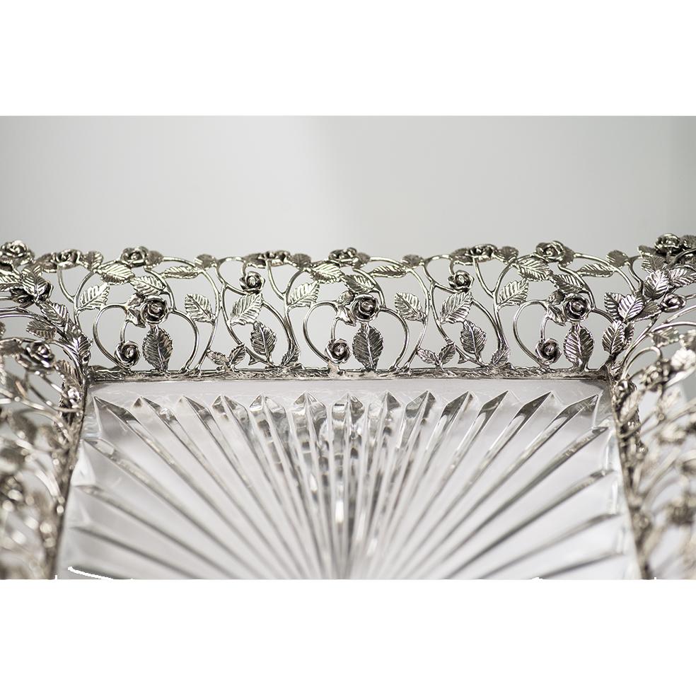 Italian 21st Century, Hand-Carved clear Crystal and silver Bronze tray in classic style For Sale