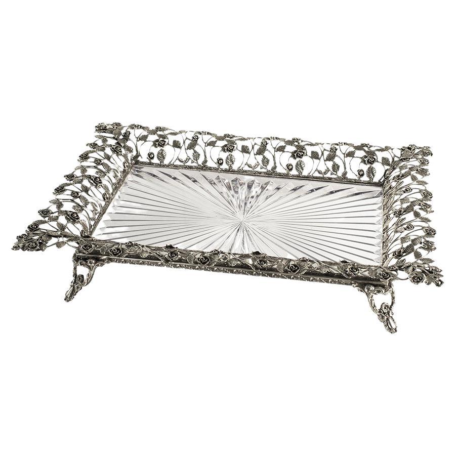 21st Century, Hand-Carved clear Crystal and silver Bronze tray in classic style
