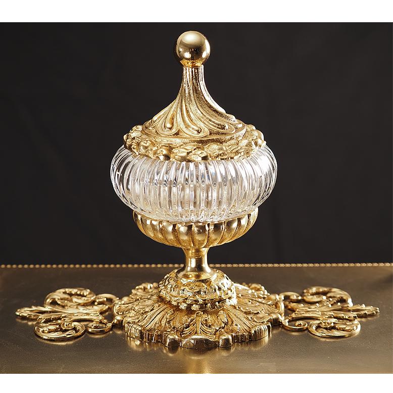 Louis XVI 21st Century, Hand Carved Clear glass and golden Bronze Clock For Sale