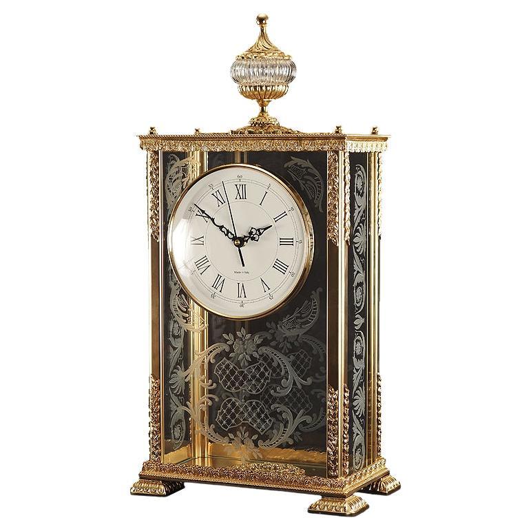 21st Century, Hand Carved Clear glass and golden Bronze Clock