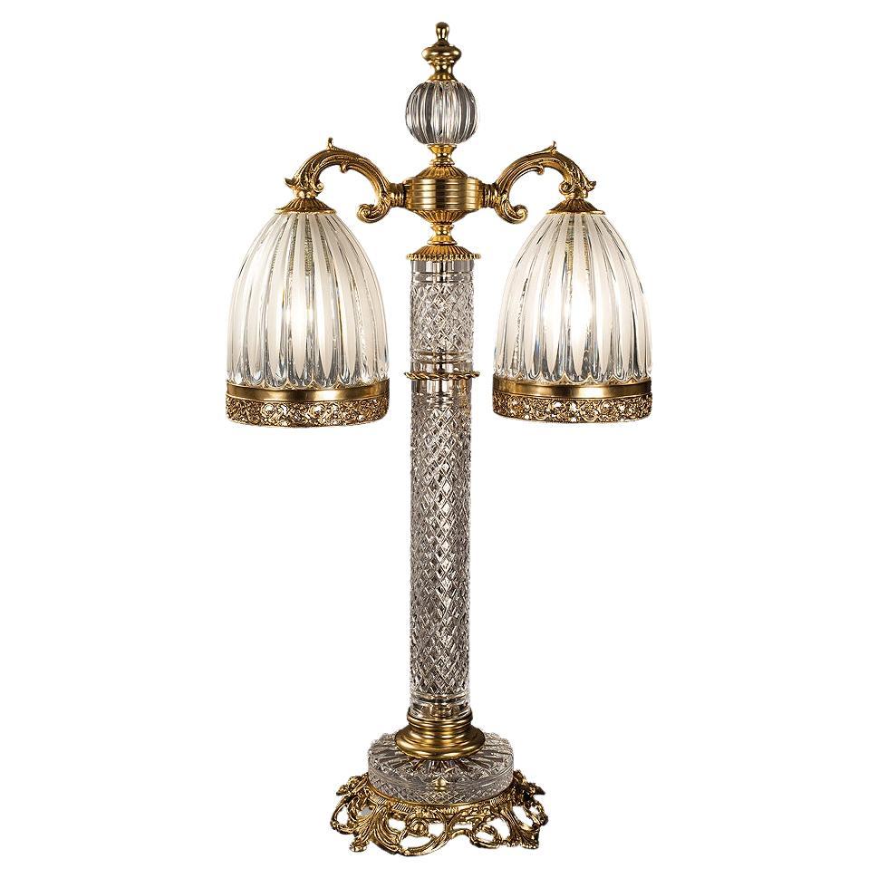 21st-Century, Hand Carved Crystal and Bronze Table Lamp 