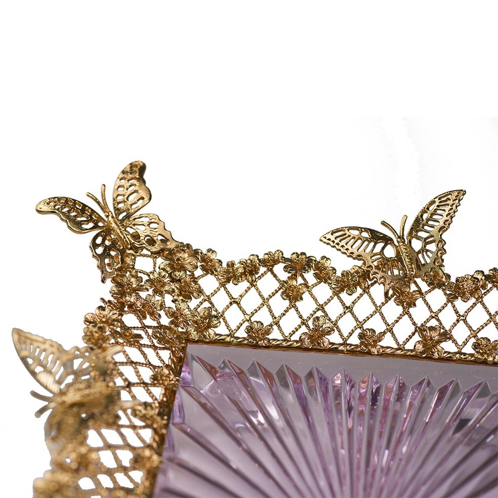 Italian 21st Century, Hand-Carved pink Crystal and golden Bronze tray in Classic style  For Sale