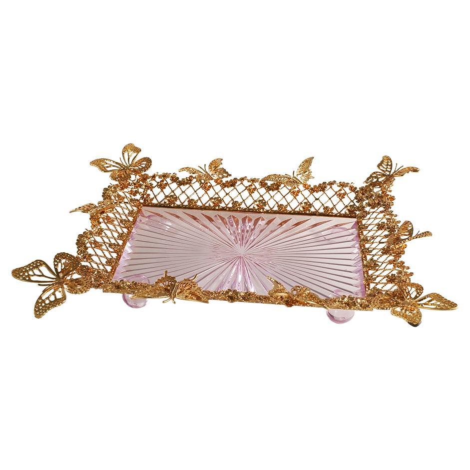 21. Jahrhundert, Handgeschnitztes Tablett aus rosa Kristall und goldener Bronze im klassischen Stil 