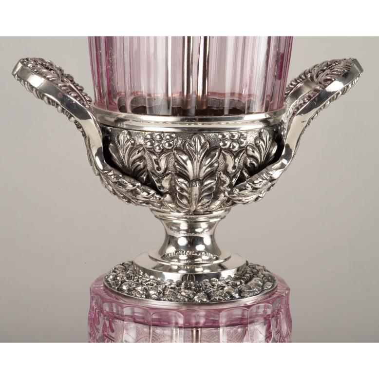 Italian 21st Century, Hand Carved pink crystal and silver Bronze Table lamp For Sale