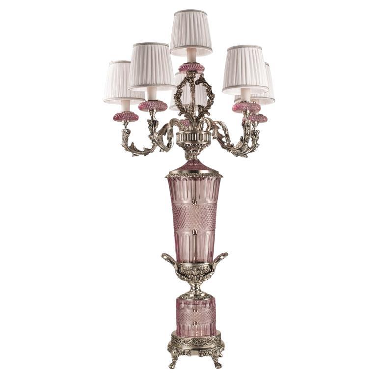 21st Century, Hand Carved pink crystal and silver Bronze Table lamp