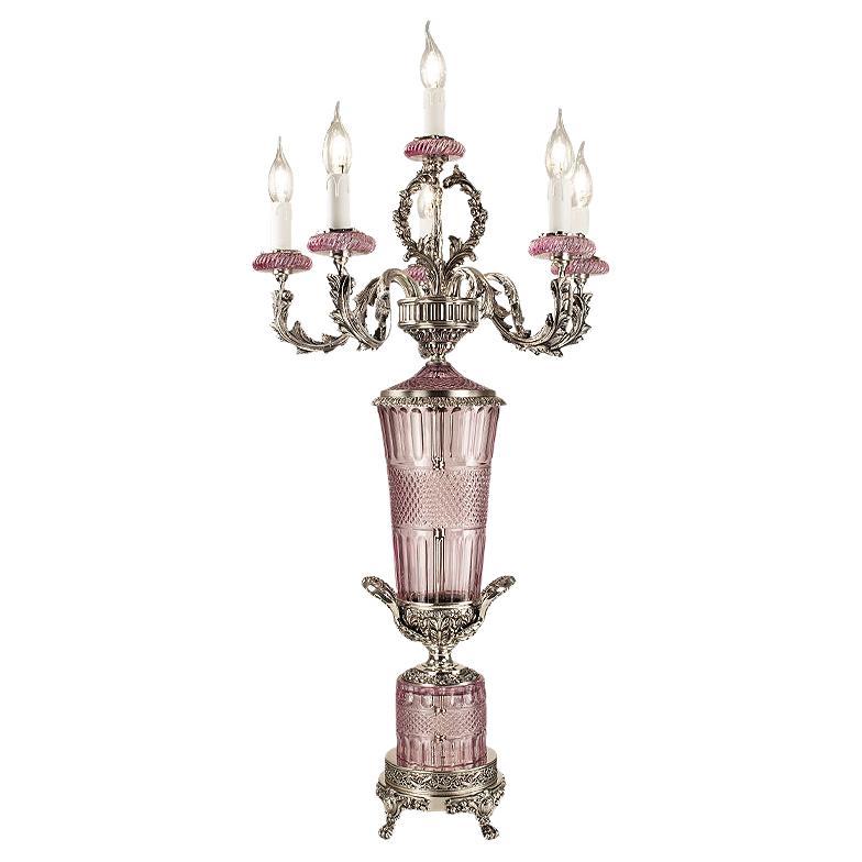 21st Century, Hand Carved pink crystal and silver Bronze Table lamp For Sale