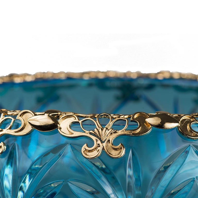 Art Nouveau 21st Century, Hand-Carved Turquoise Crystal and Golden Bowl in Classic Style For Sale