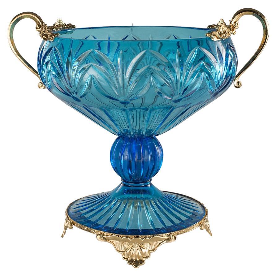 21st Century, Hand-Carved Turquoise Crystal and Golden Bowl in Classic Style