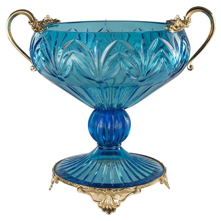 21st Century, Hand-Carved Turquoise Crystal and Golden Bowl in Classic Style For Sale