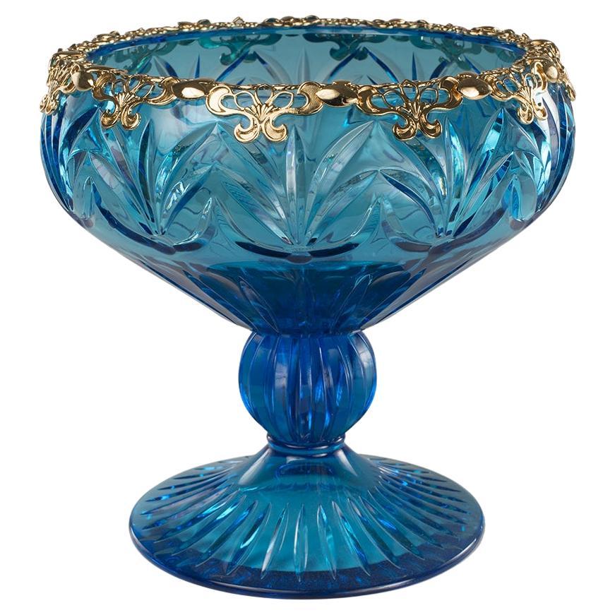 21st Century, Hand-Carved Turquoise Crystal and Golden Bowl in Classic Style