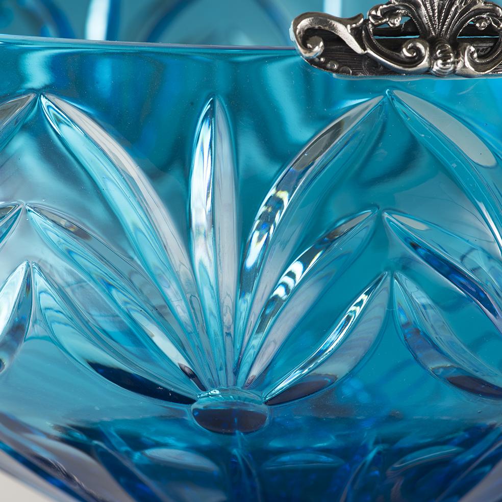 Italian 21st Century, Hand-Carved Turquoise Crystal and Silver Bowl in Classic Style For Sale