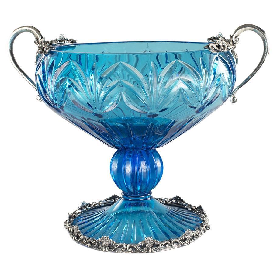 21st Century, Hand-Carved Turquoise Crystal and Silver Bowl in Classic Style