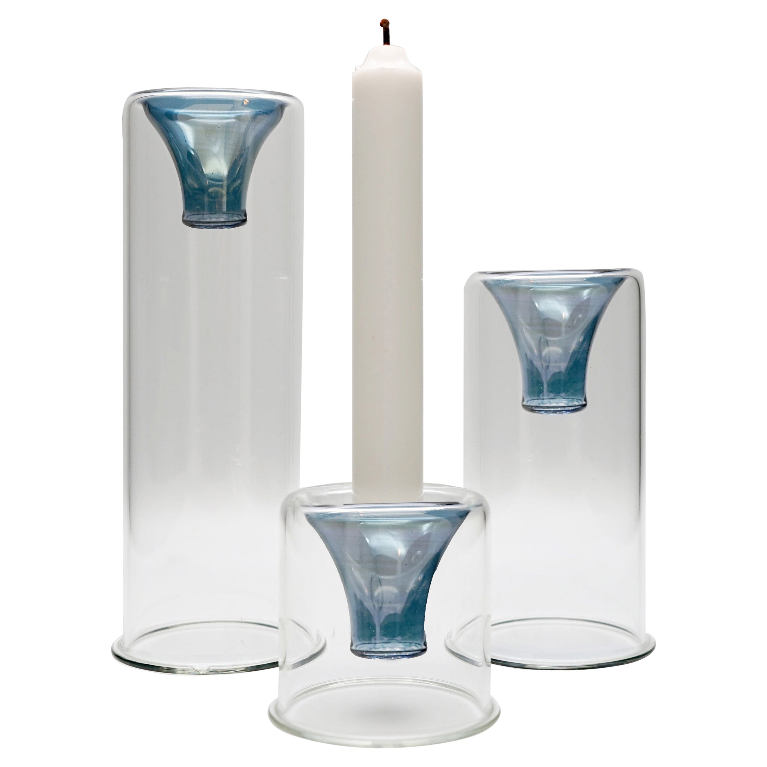 Bougeoirs en verre fabriqués à la main du 21e siècle, couleur bleue, Kanz Architetti