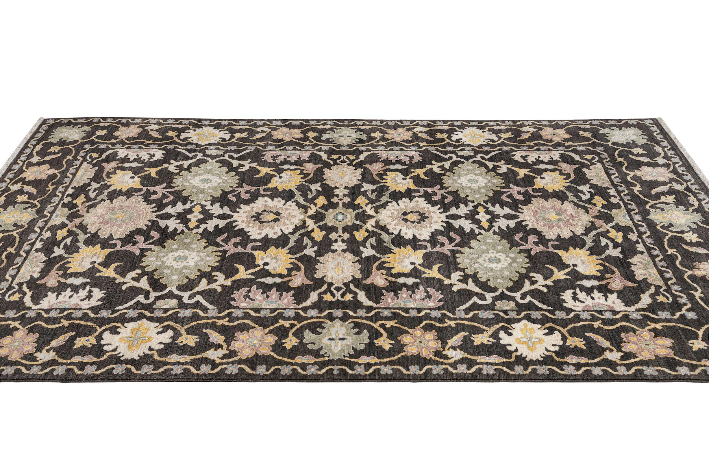Contemporary 21st Century Hand-Knotted Egyptian Ziegler Rug in Charcoal Grey Floral Pattern For Sale