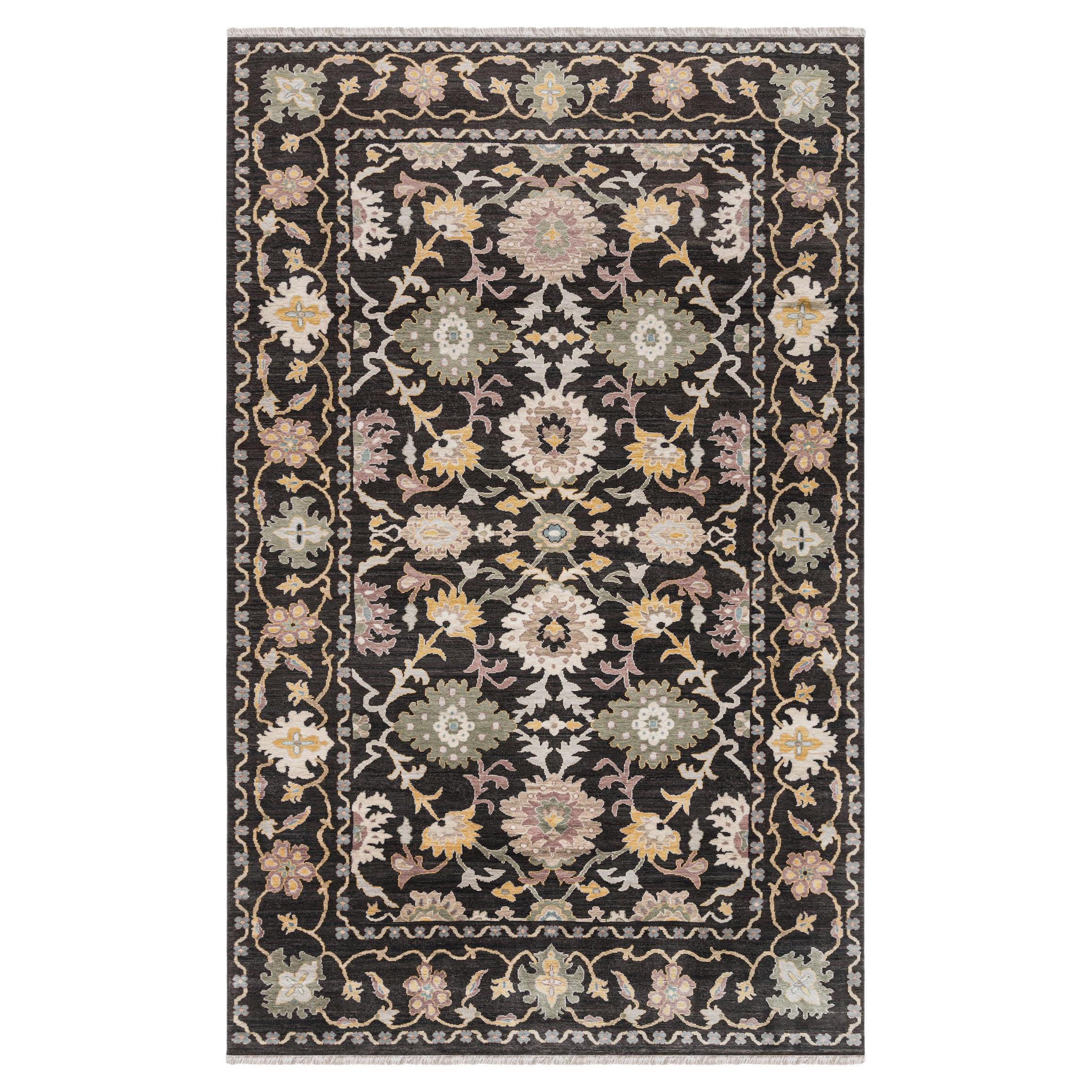 Tapis Ziegler égyptien du 21e siècle, noué à la main, à motif floral gris anthracite