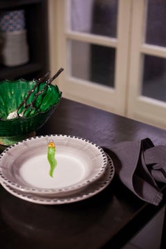 21st Century Hand Painted Vietri Ceramic Table set Green and White Made in Italy