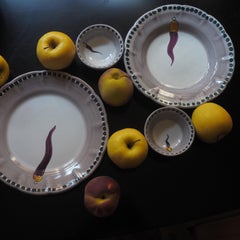 21st Century Hand Painted Ceramic 18 Plates in Purple and White Made in Italy