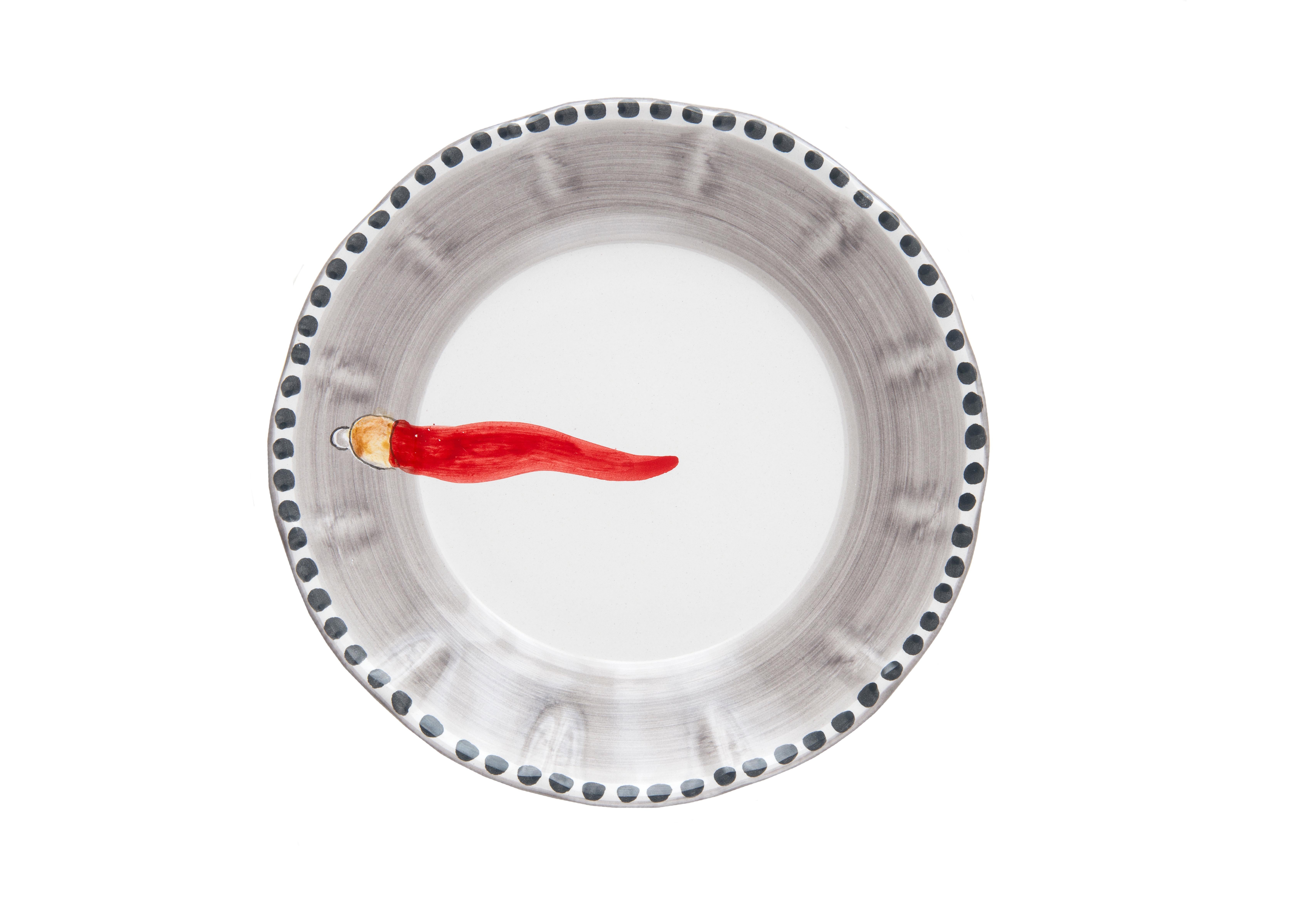 Contemporary 21st Century Hand Made Ceramic Plates in Red-White Made in Italy Horn good Lucky For Sale