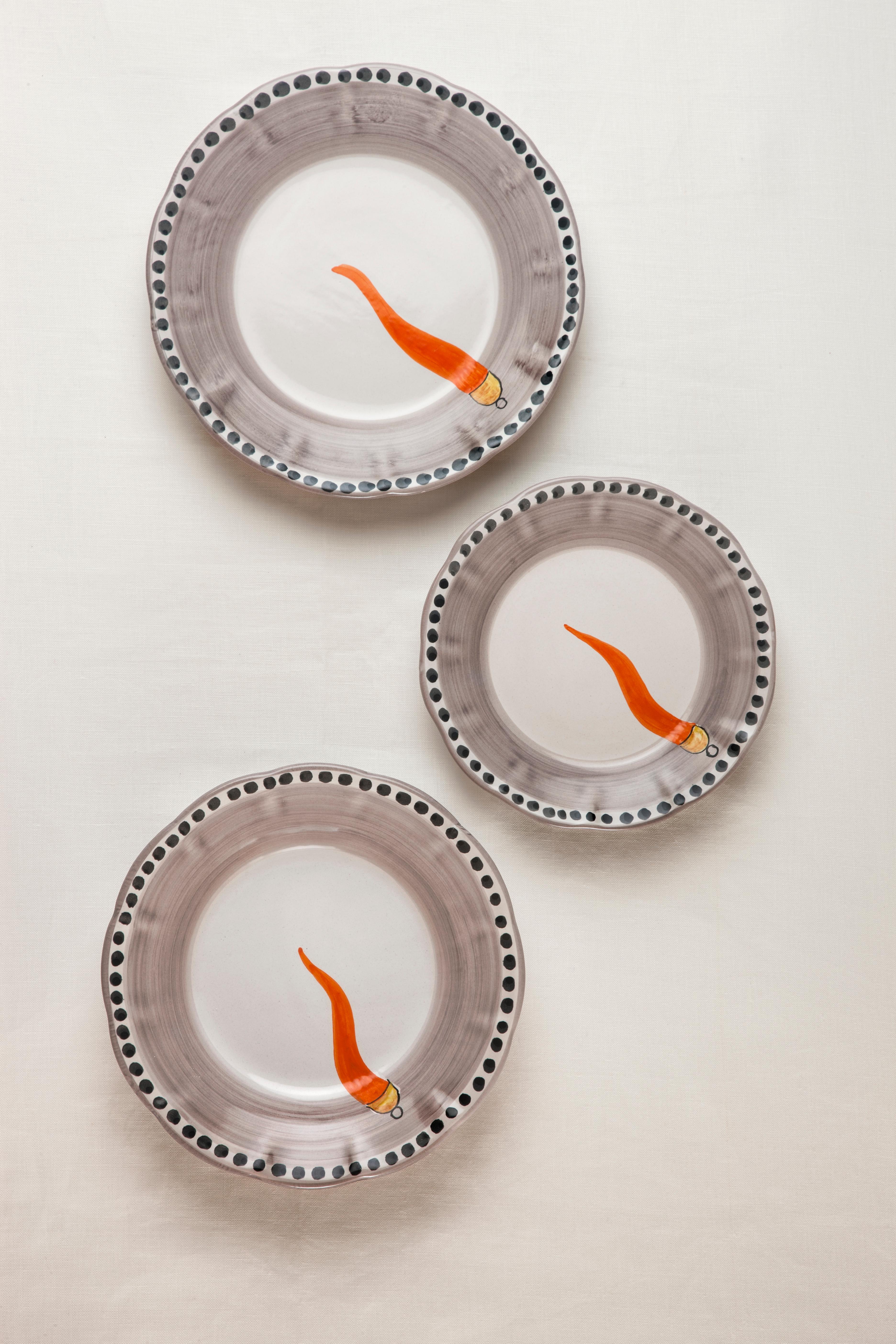 Contemporary 21st Century Hand Painted Ceramic 6 Dinner Plates in Orange and White Handmade For Sale