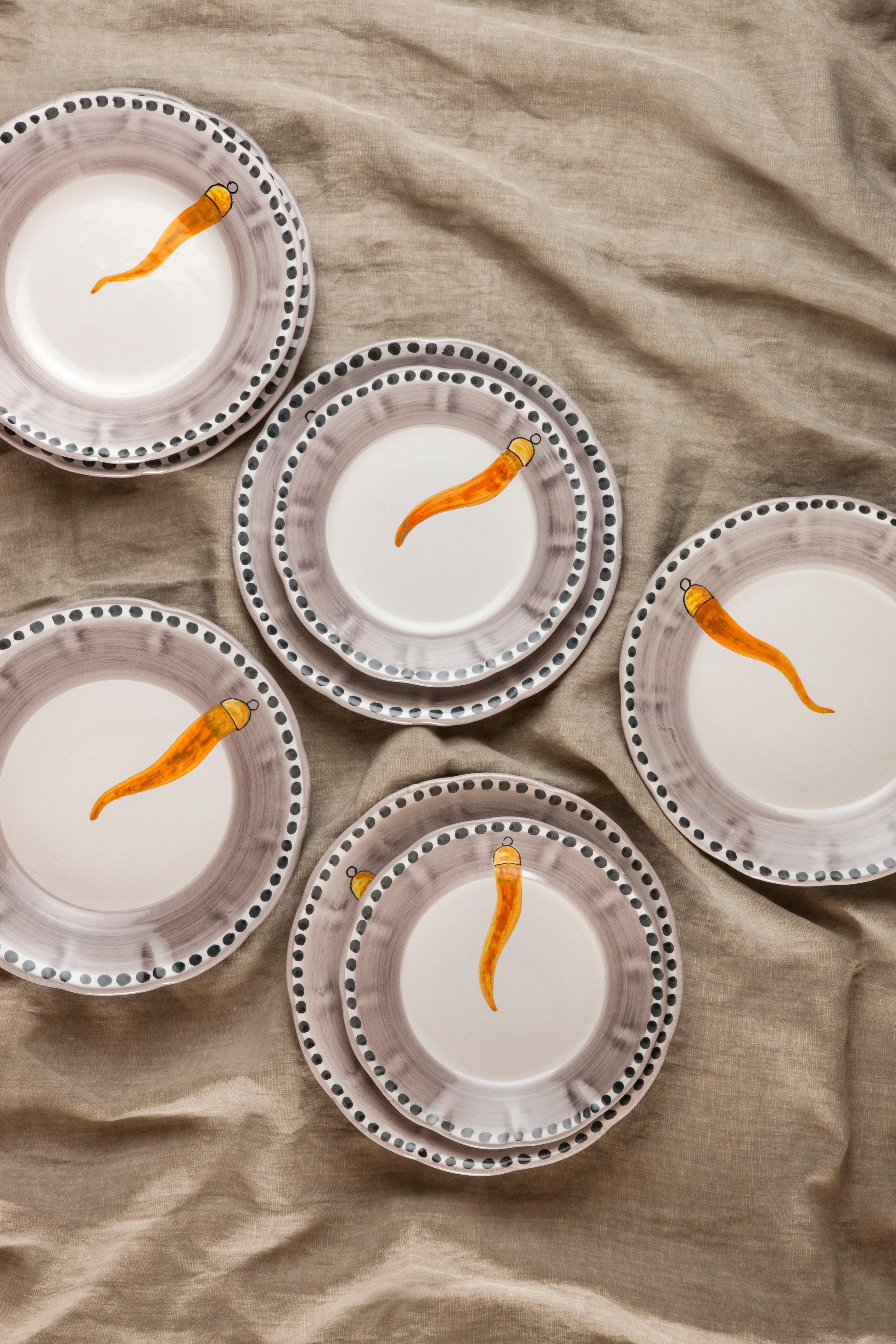 21st Century Hand Painted Ceramic 6 Dinner Plates in Orange and White Handmade For Sale 1