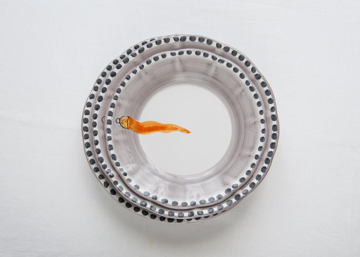 Contemporary 21st Century Hand Painted Ceramic 6 Side Plate in Orange and White Handmade For Sale