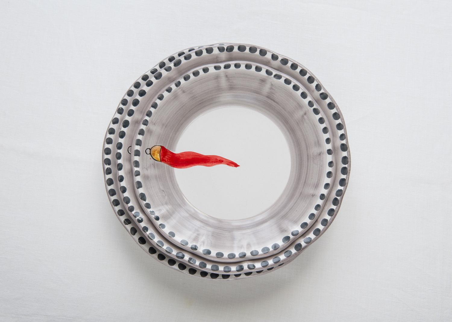 Contemporary 21st Century Hand Painted Ceramic 6 Side Plate in Red and White Made in Italy  For Sale