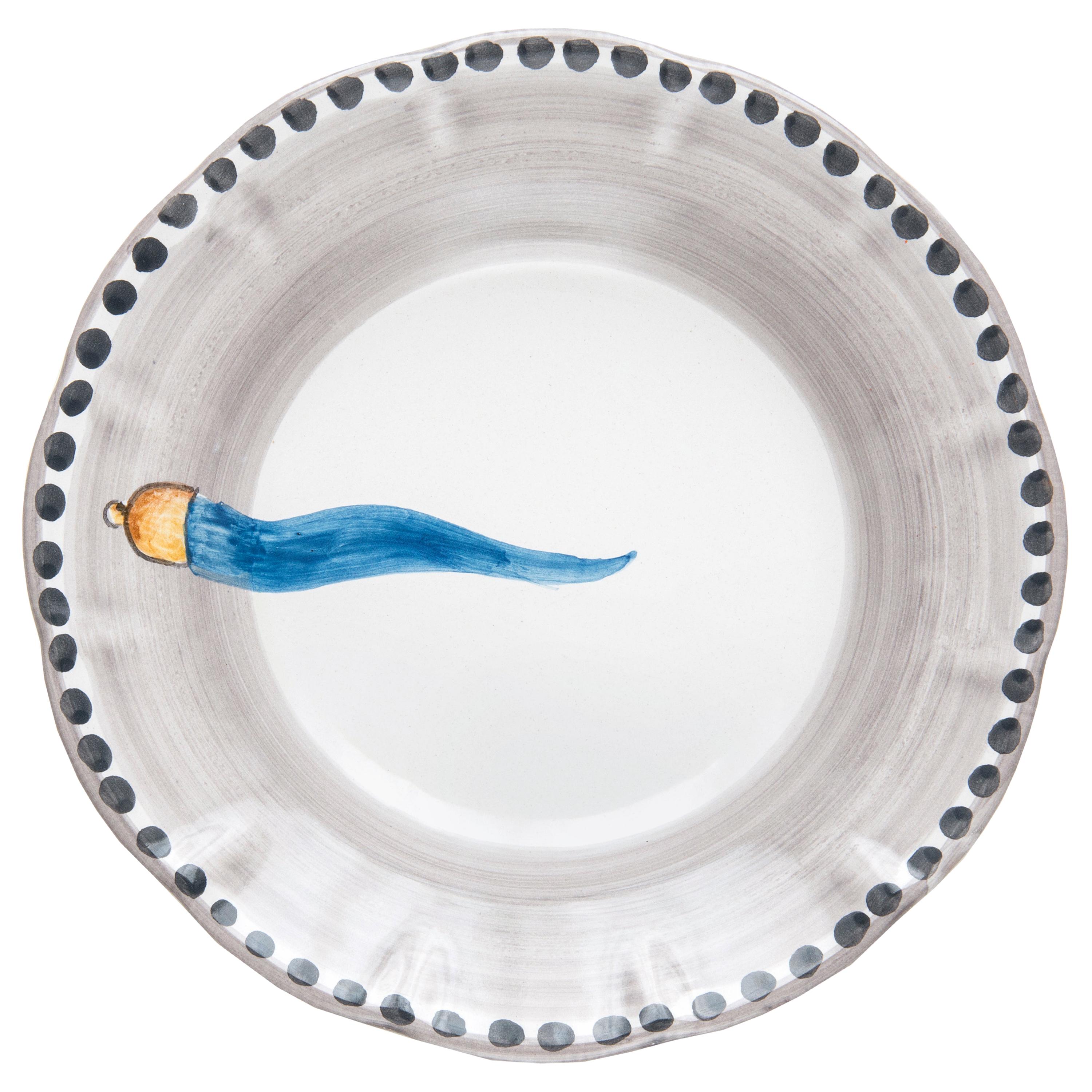 21st Century Hand Painted Ceramic Dinner Plate in Light Blue and White Handmade For Sale