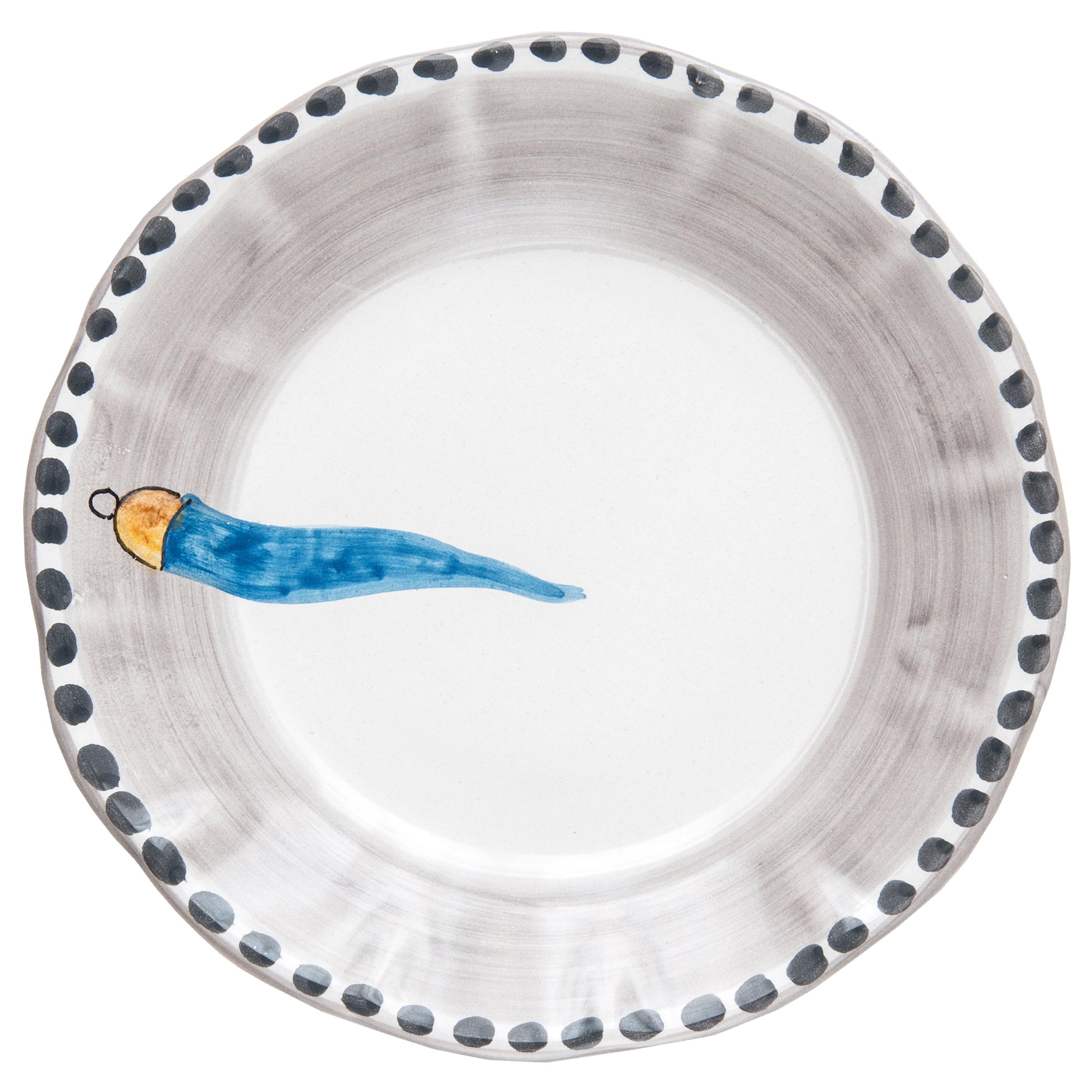 21st Century Hand Painted Ceramic Side Plate in Light Blue and White Handmade For Sale