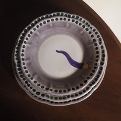 21st Century Hand Painted Ceramic Side Plate in Purple and White Handmade