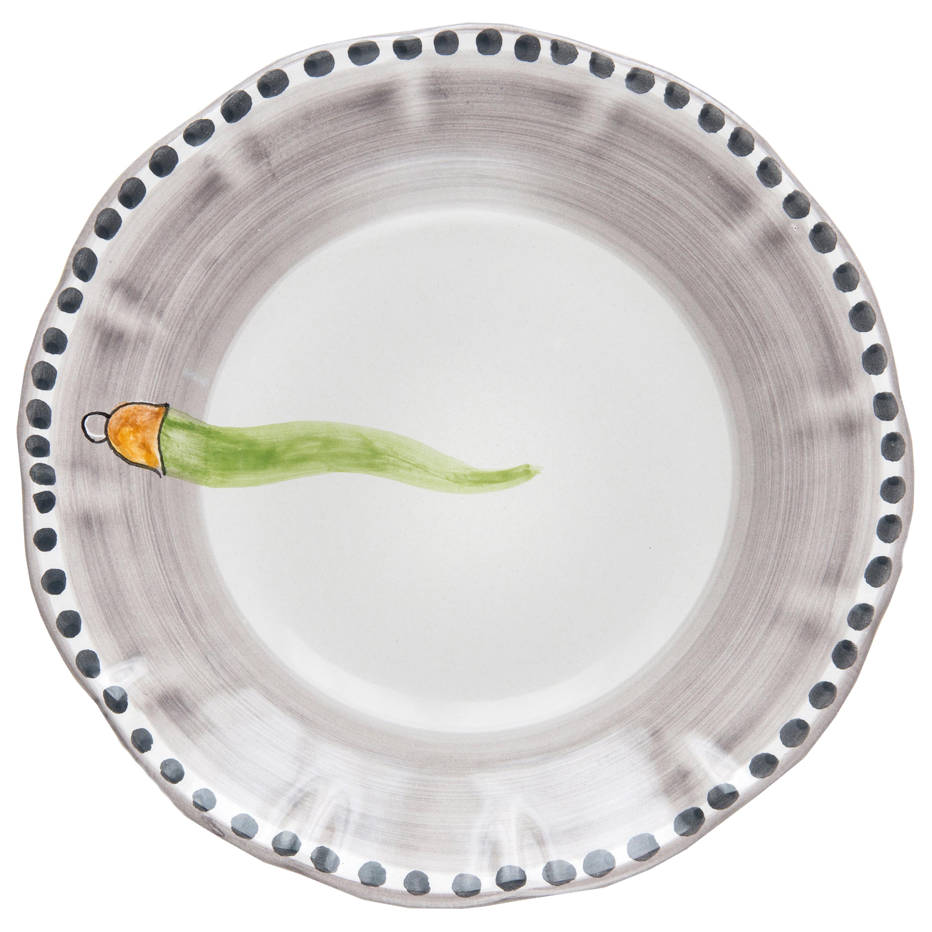 21st Century Hand Painted Ceramic Soup Plate in Green and White Handmmade For Sale