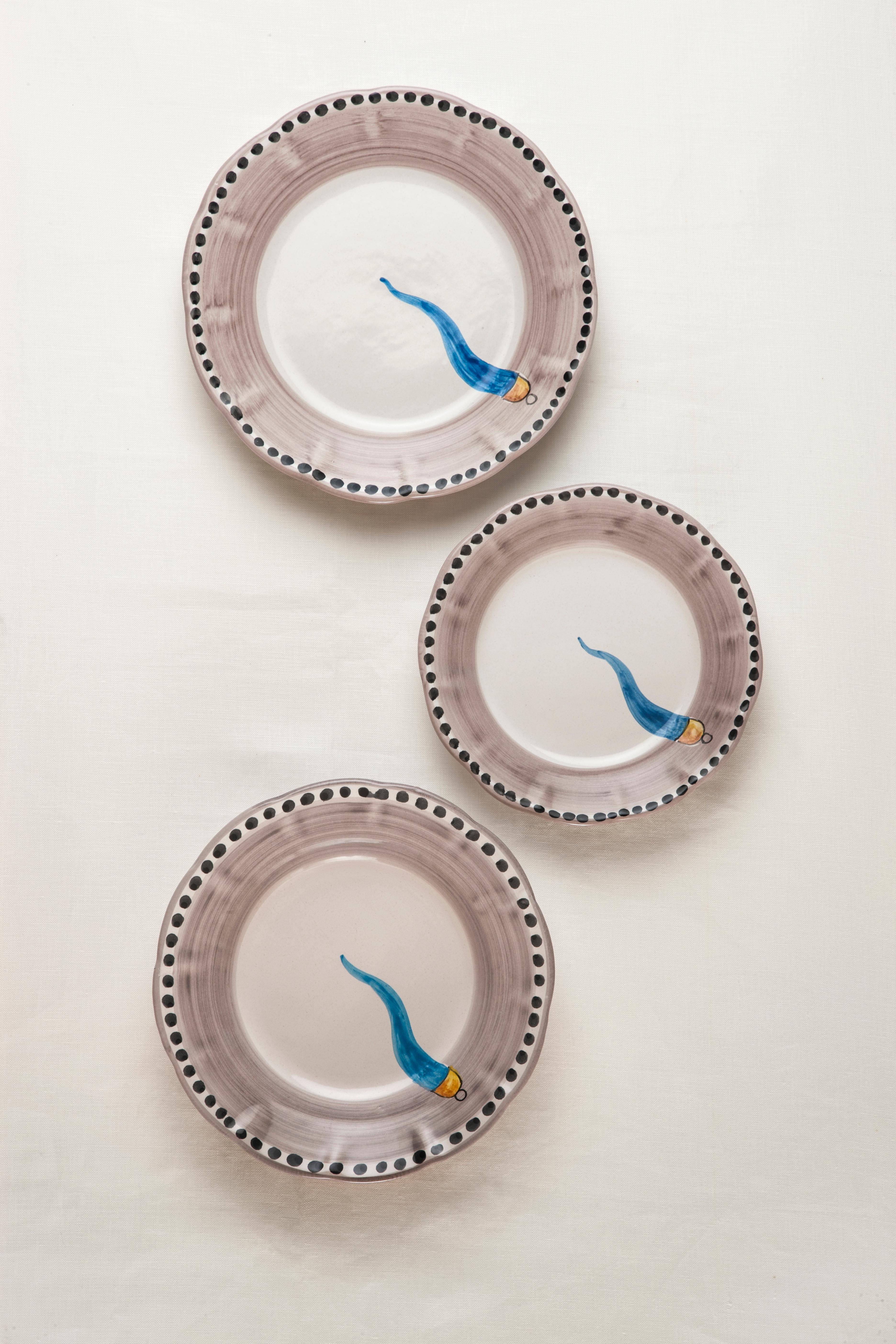 Italian 21st Century Hand Painted Ceramic Soup Plate in Light Blue and White Handmade For Sale