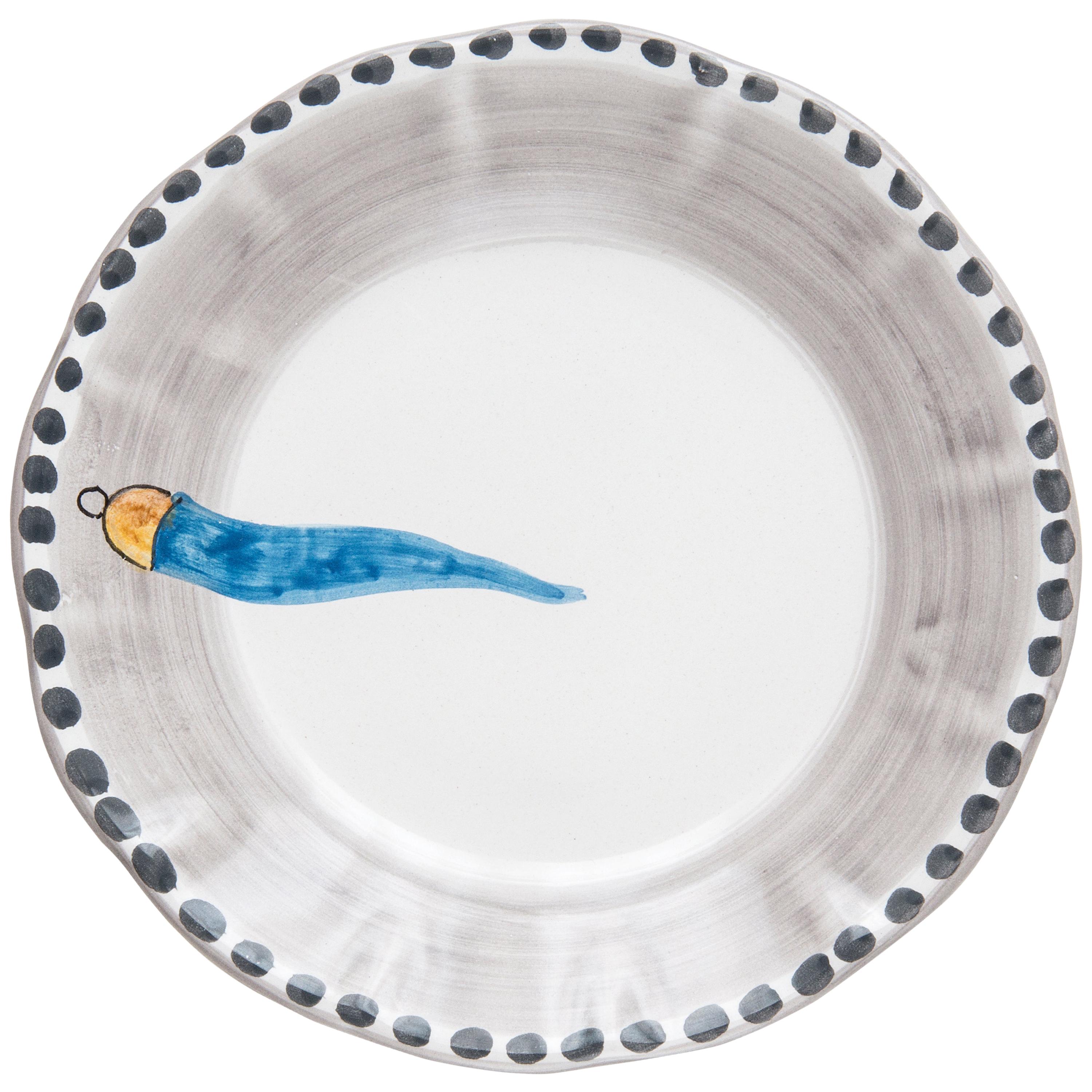 21st Century Hand Painted Ceramic Soup Plate in Light Blue and White Handmade For Sale