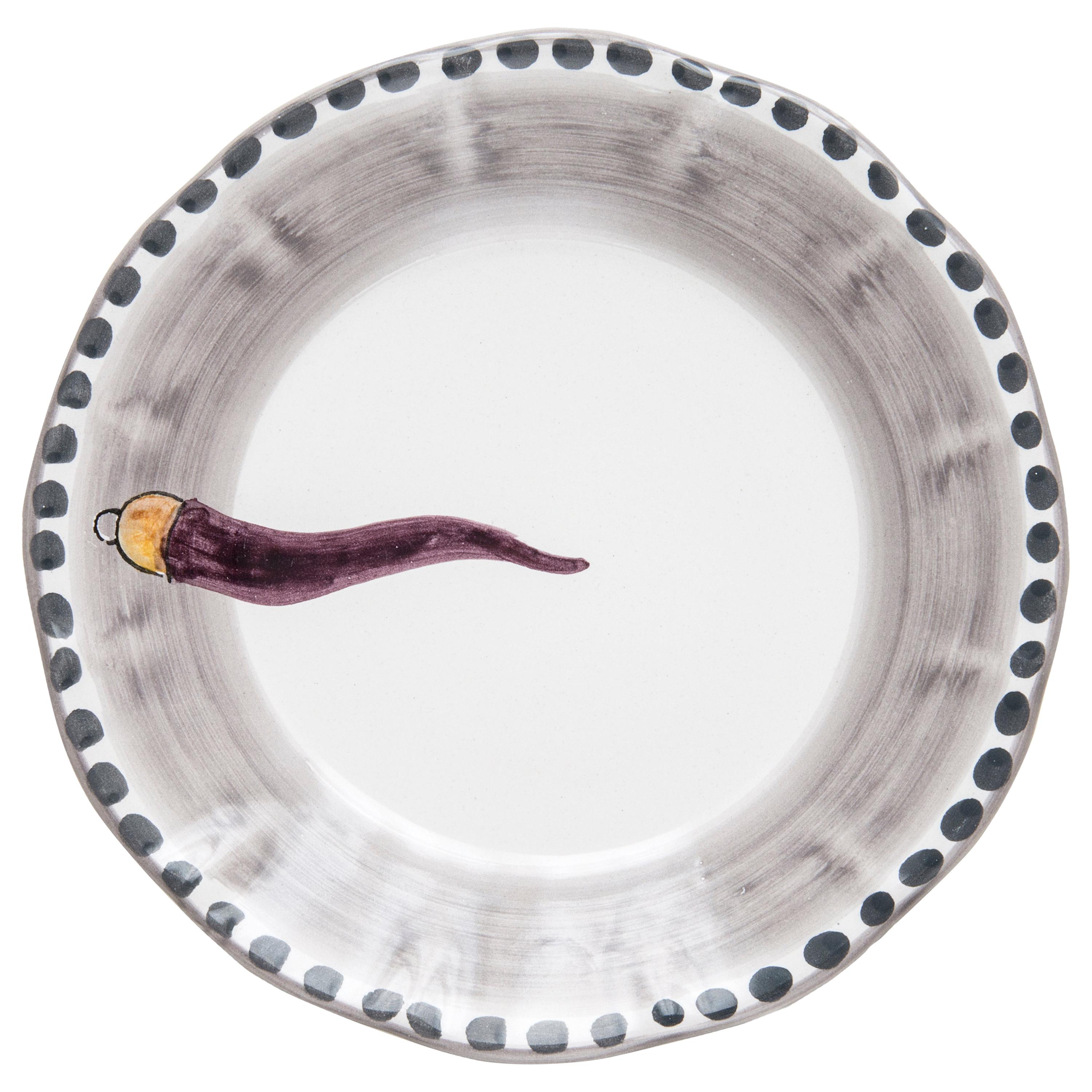 21st Century Hand Painted Ceramic Soup Plate in Purple and White Handmade For Sale