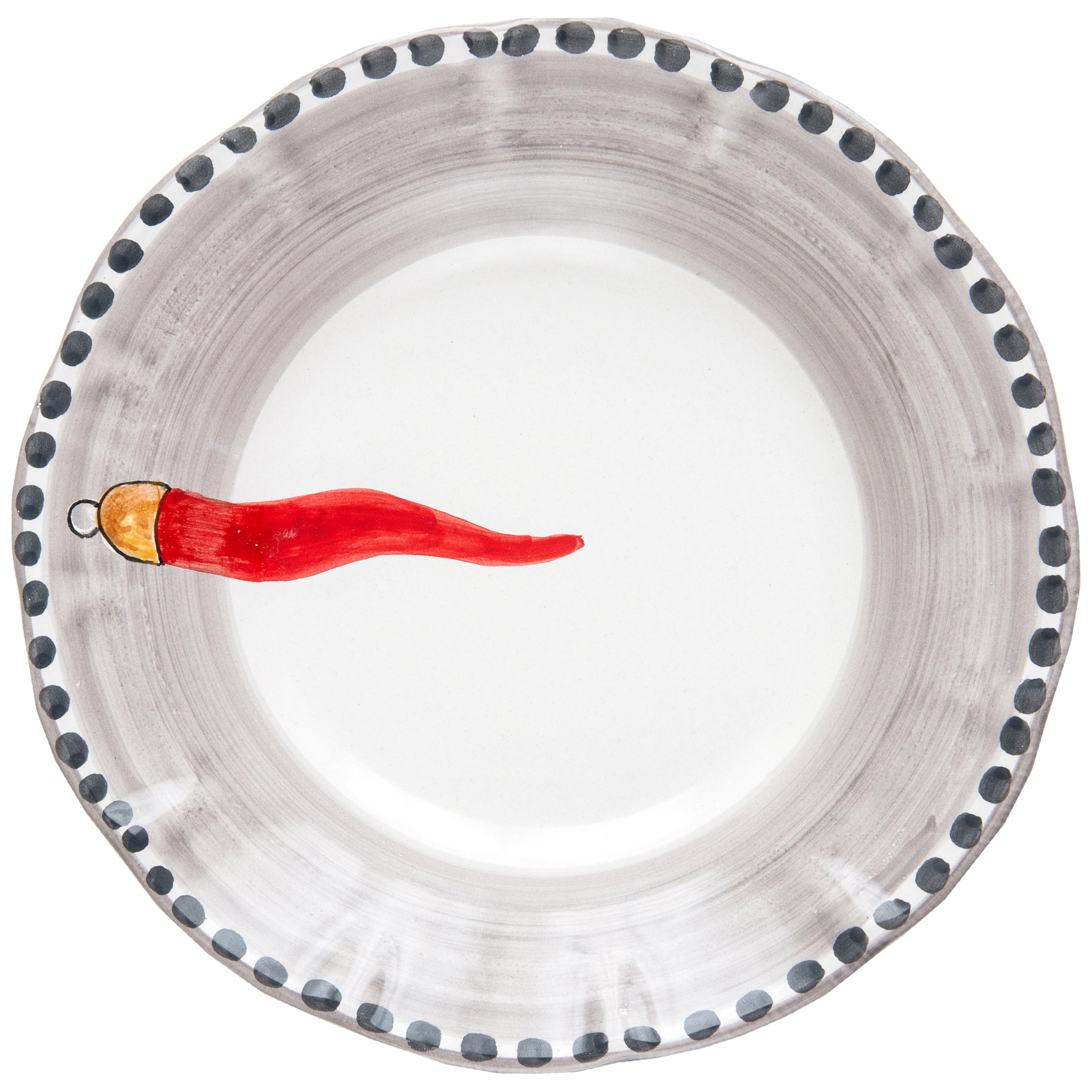21st Century Hand Painted Ceramic Soup Plate in Red and White Handmmade For Sale