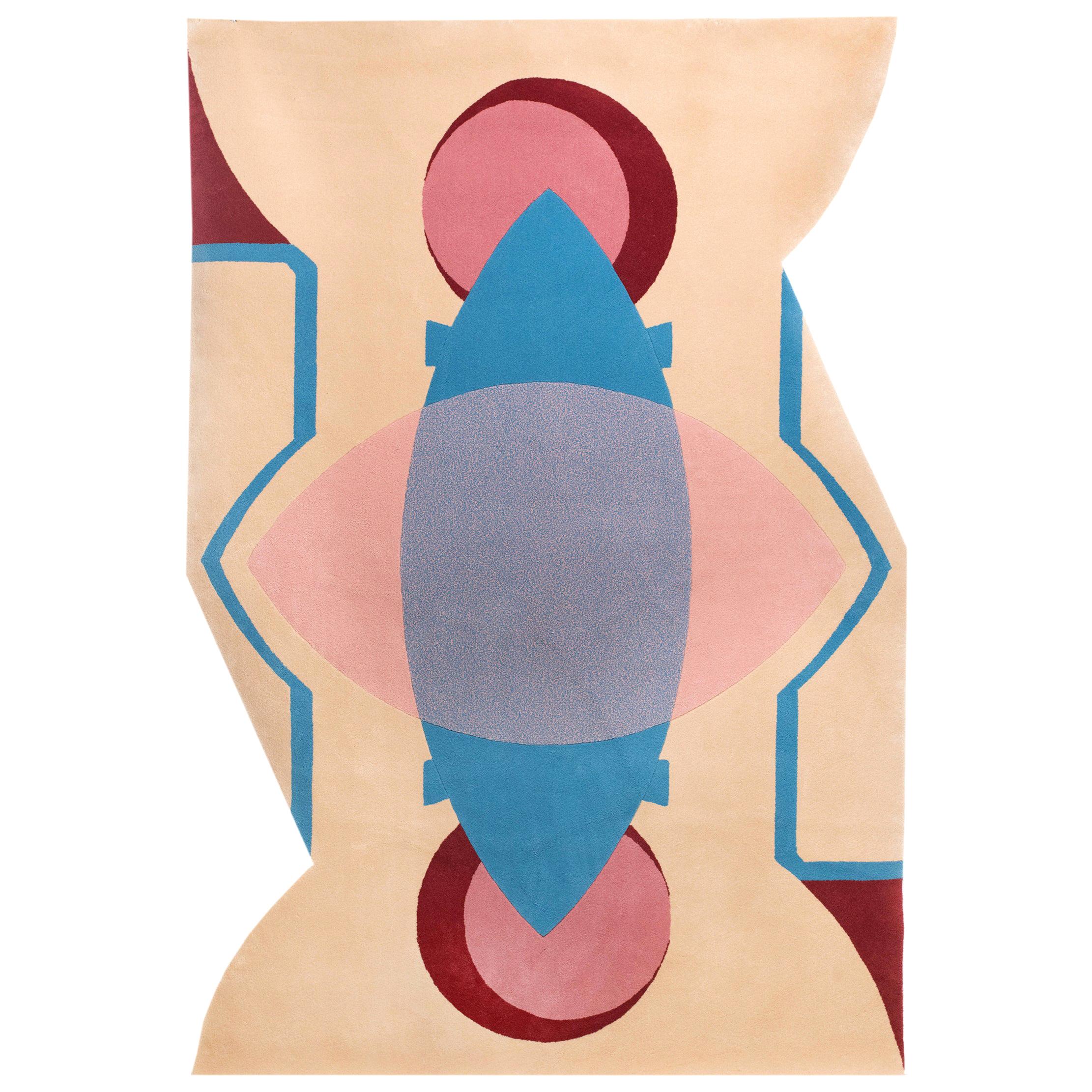 Modern Hand Tufted Wool Rug Made in Spain Beige Pink Blue Apolo Irregular Shape For Sale