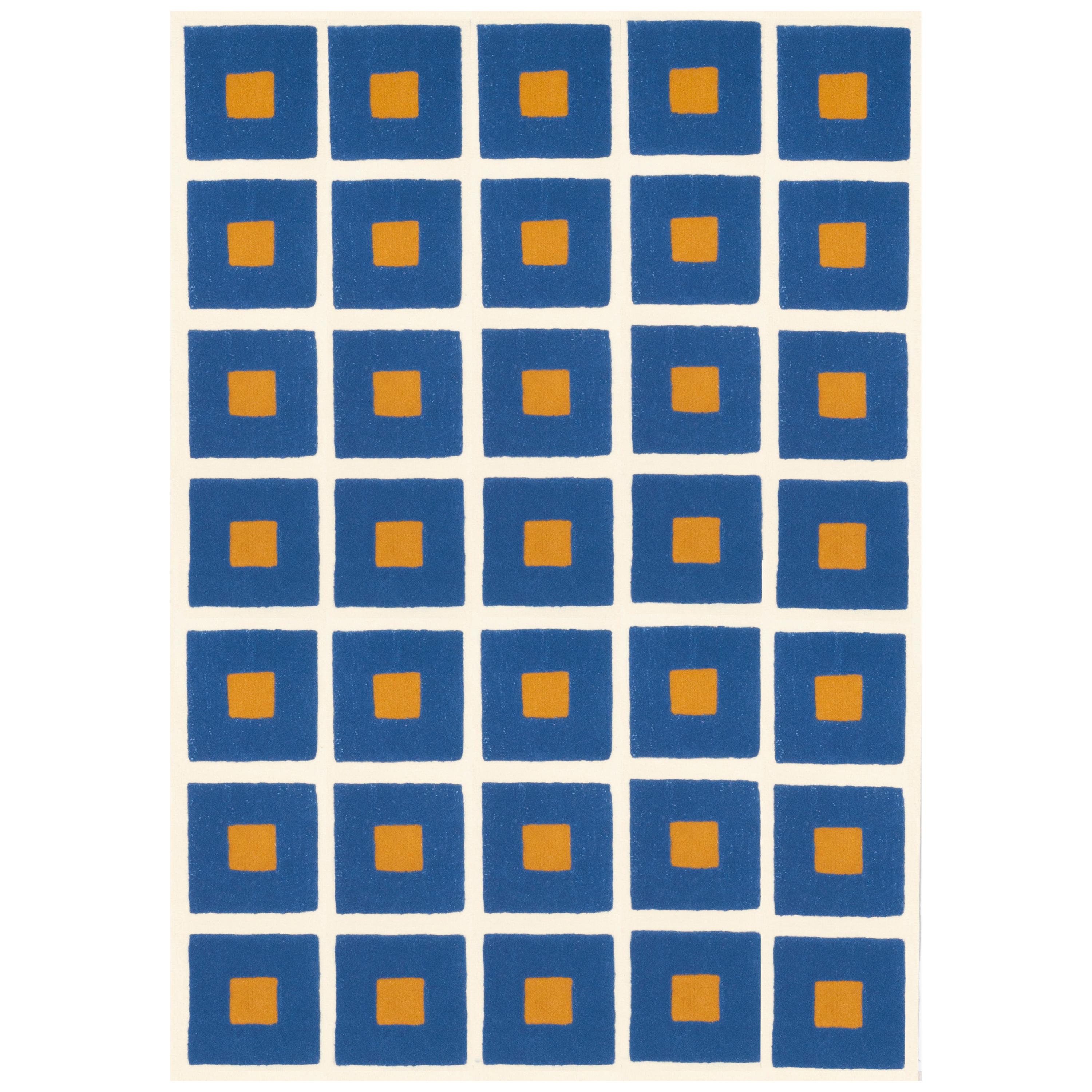 Modern Hand Tufted Wool Rug Made in Spain Checkers Blue, White and Mustard