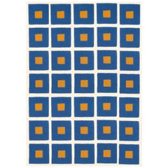 Modern Hand Tufted Wool Rug Made in Spain Checkers Blue, White and Mustard